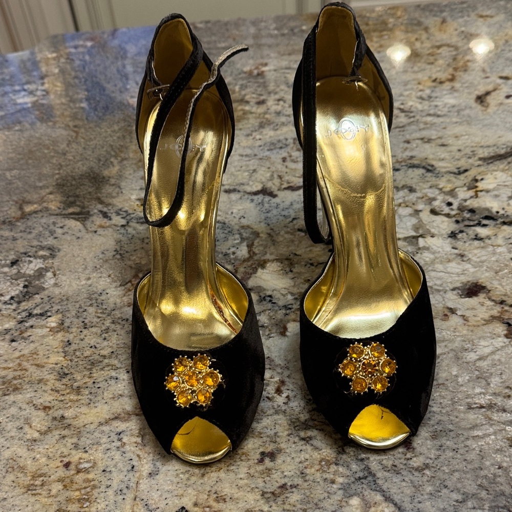 Joey O Elegant Chocolate Velvet and Gold Women's Heels